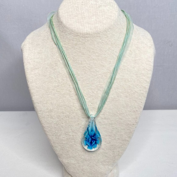 Glass Pendant Ribbon Necklace Blue Flower Inlay - Picture 1 of 12